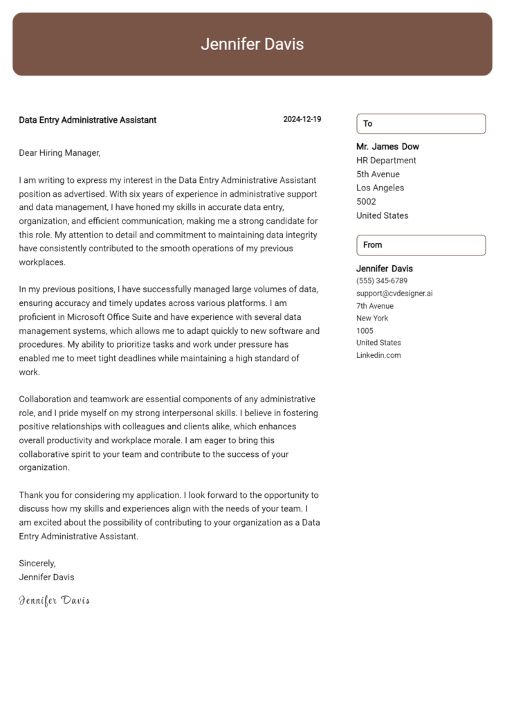 data entry administrative assistant cover letter example