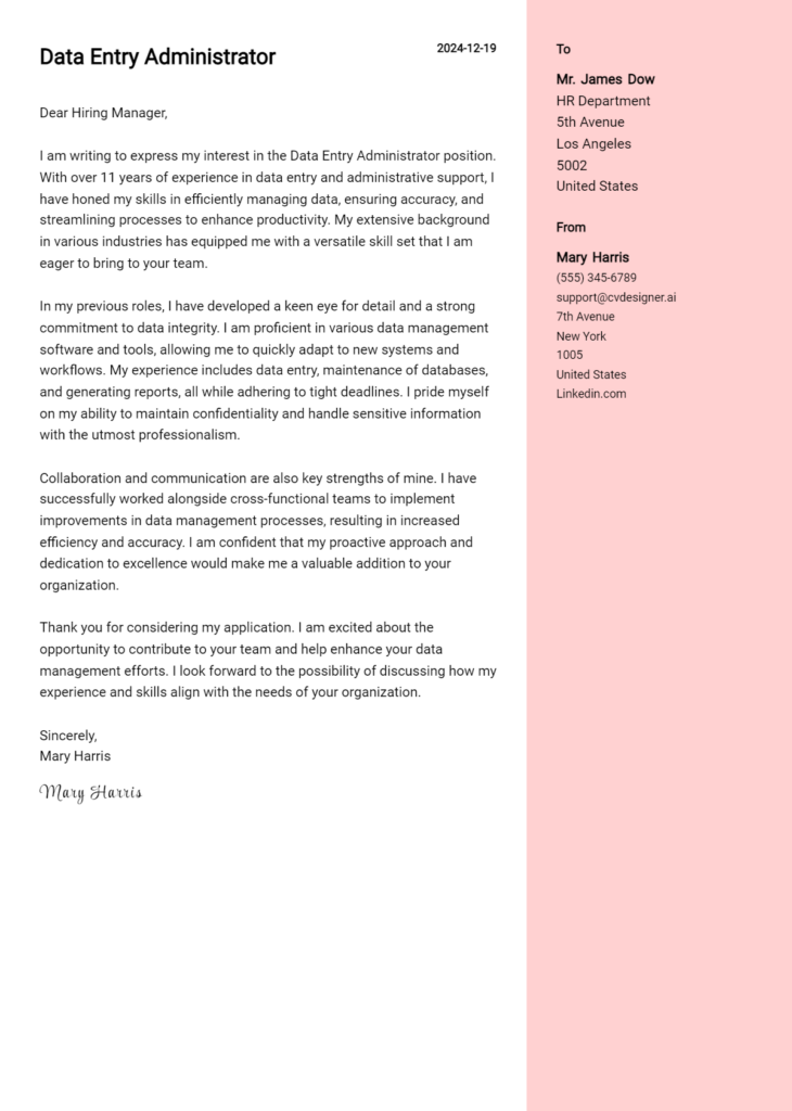 data entry administrator cover letter example