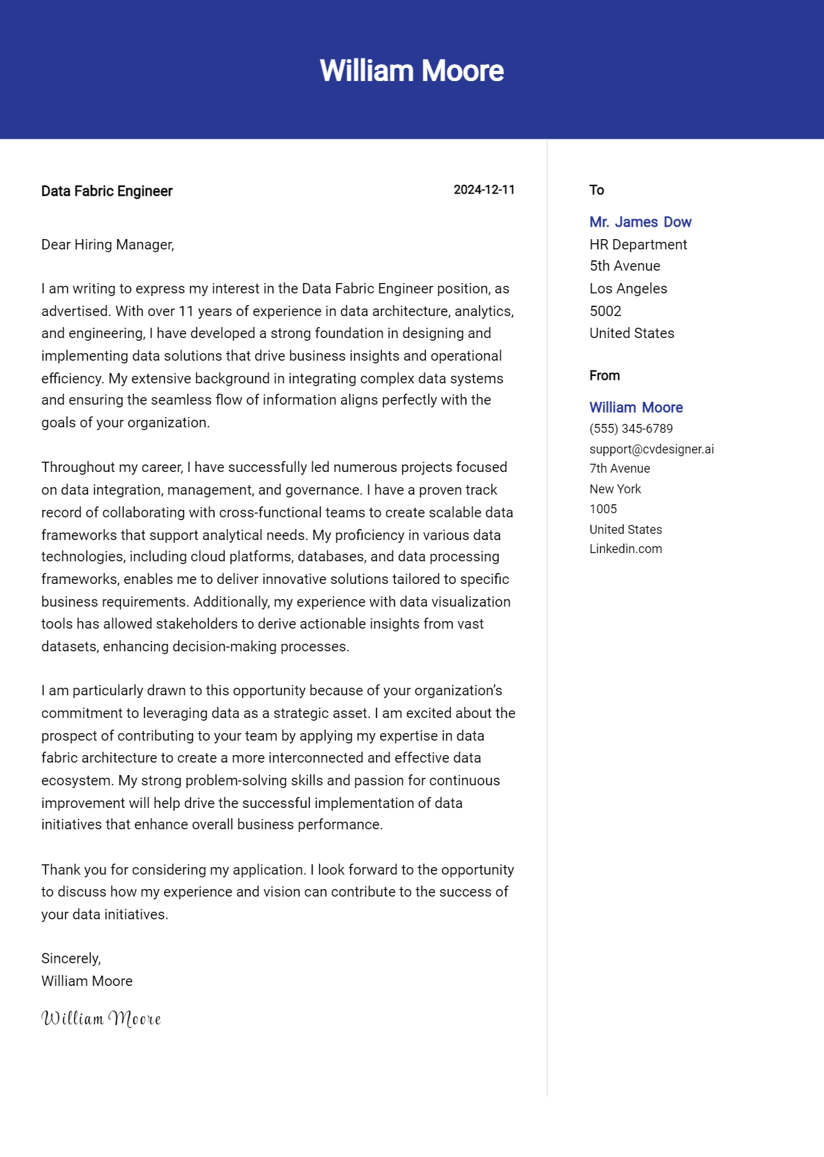 data fabric engineer cover letter example