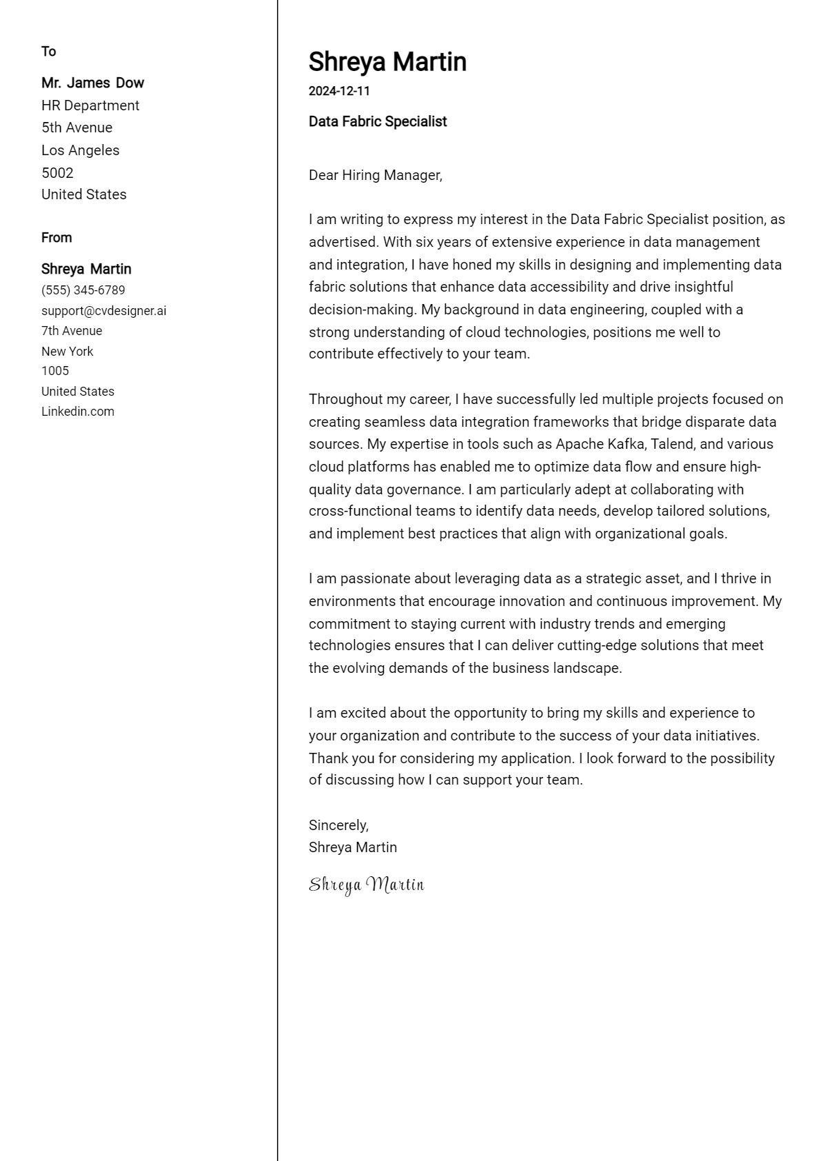 data fabric specialist cover letter example