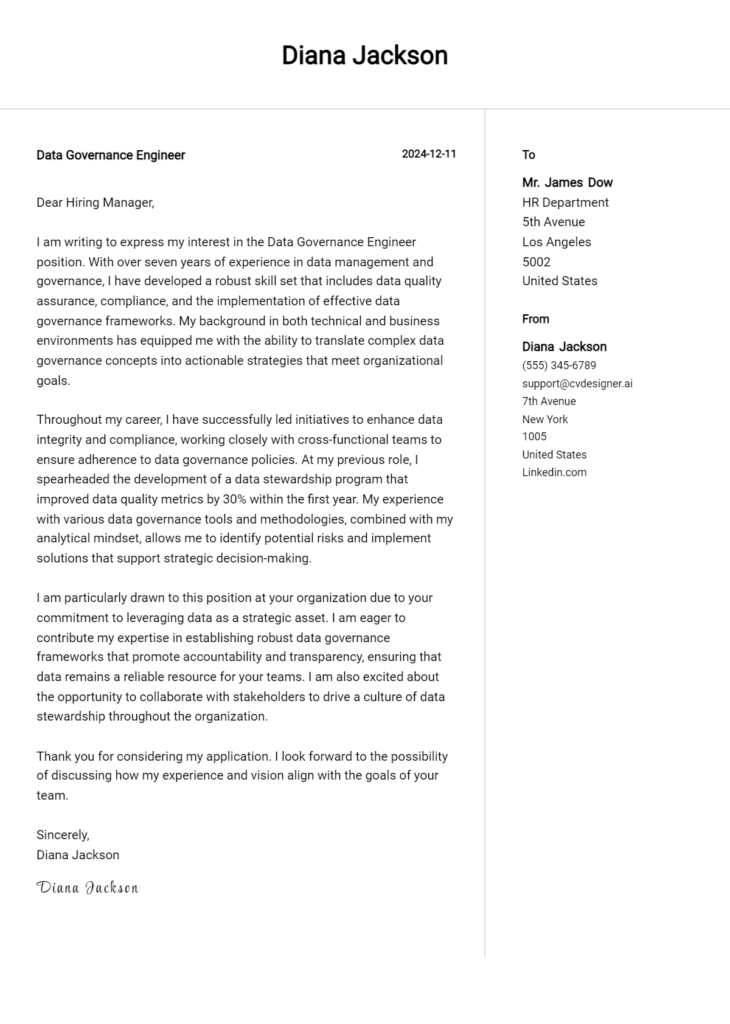 data governance engineer cover letter example