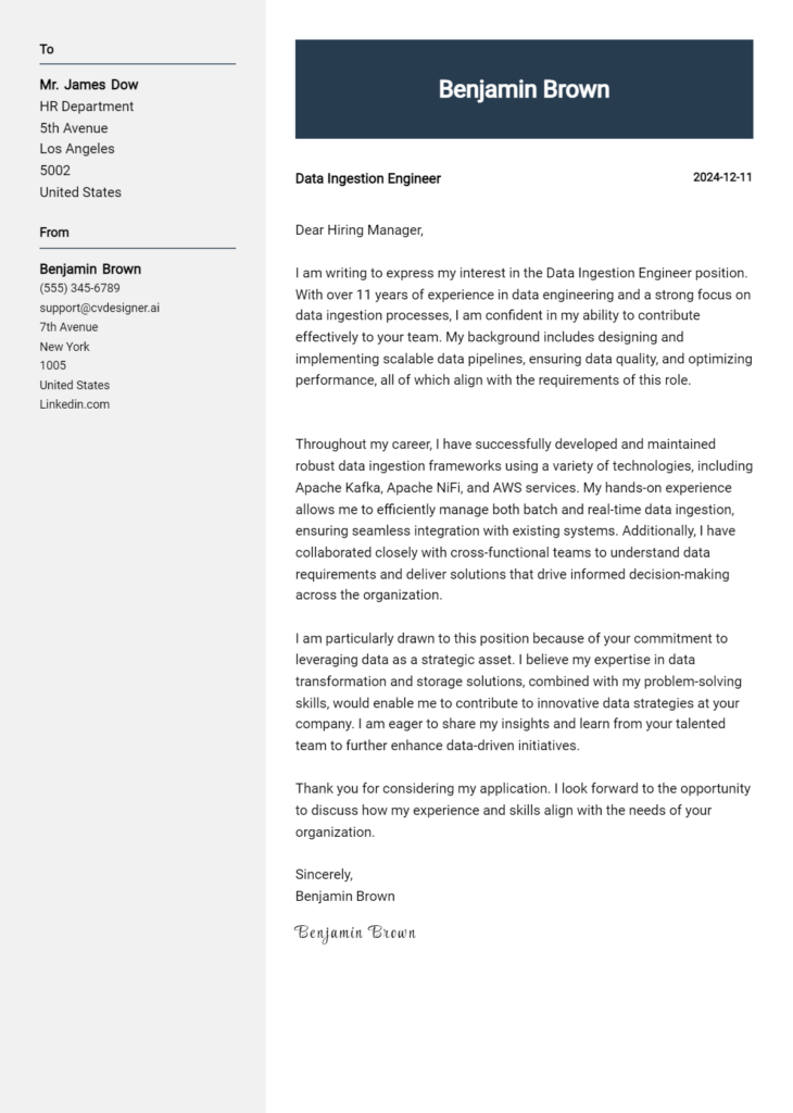 data ingestion engineer cover letter example