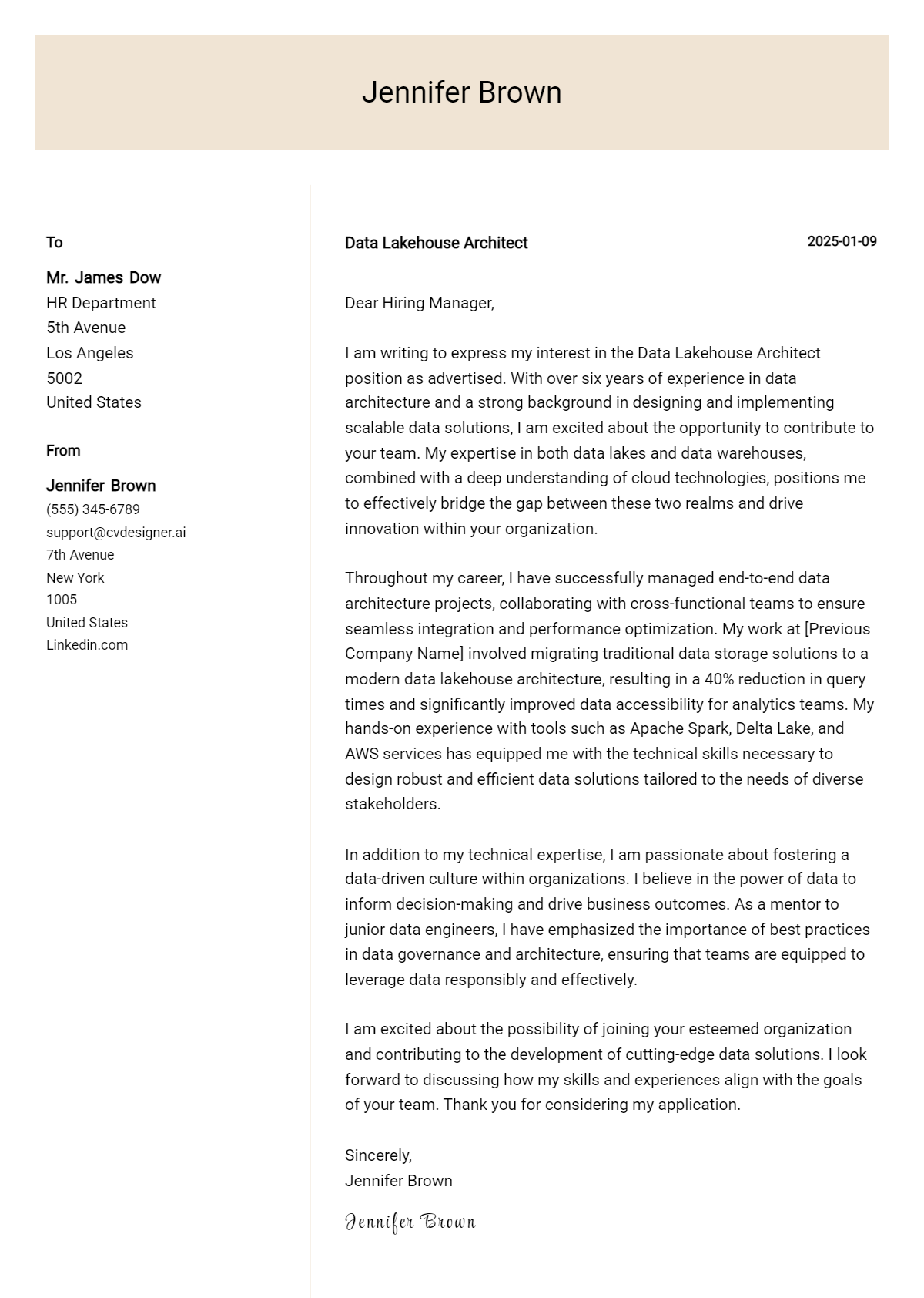 data lakehouse architect cover letter example