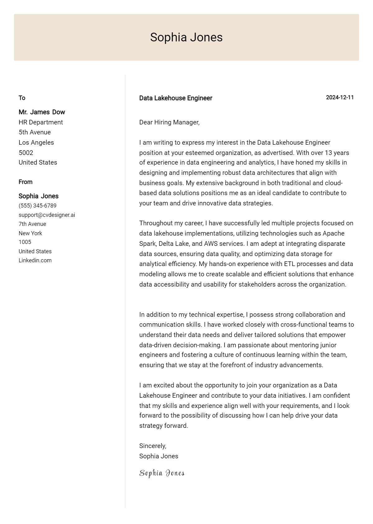 data lakehouse engineer cover letter example