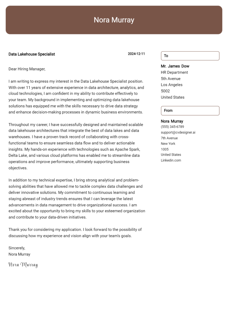 data lakehouse specialist cover letter example