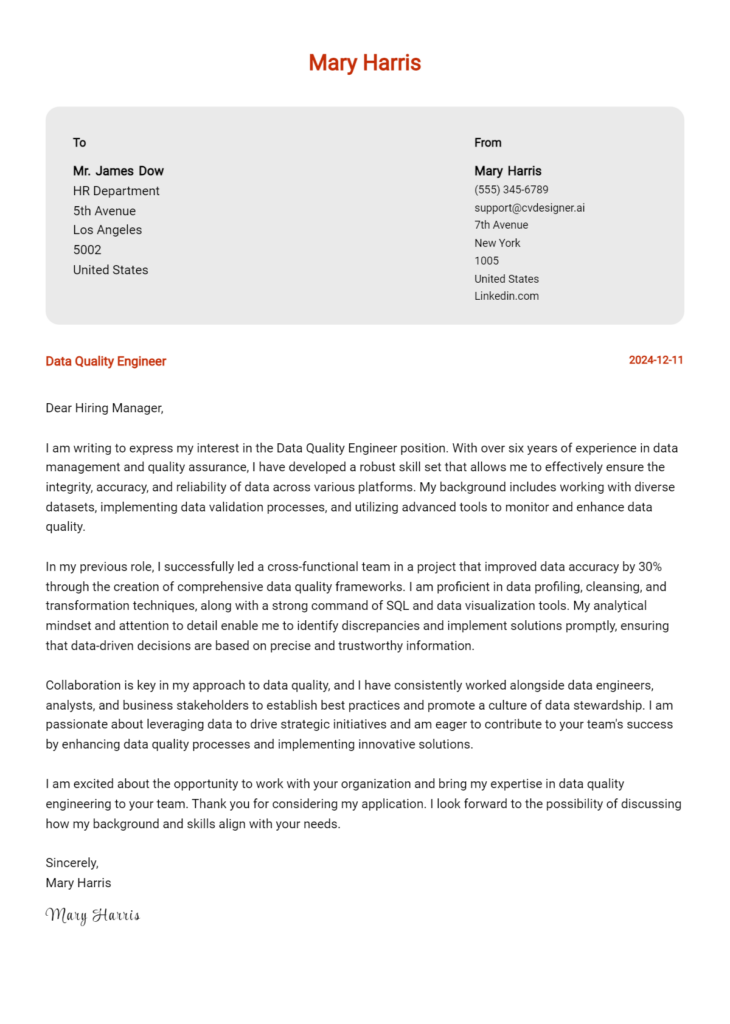 data quality engineer cover letter example