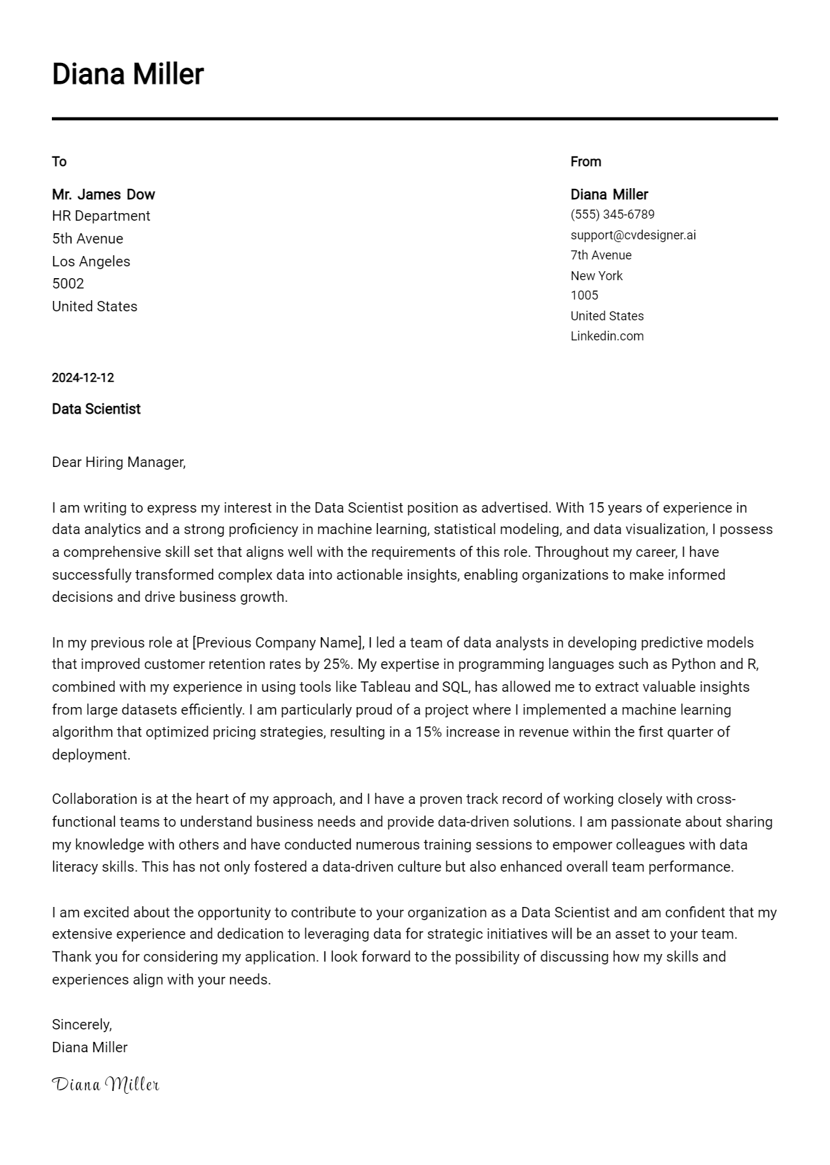 data scientist cover letter example