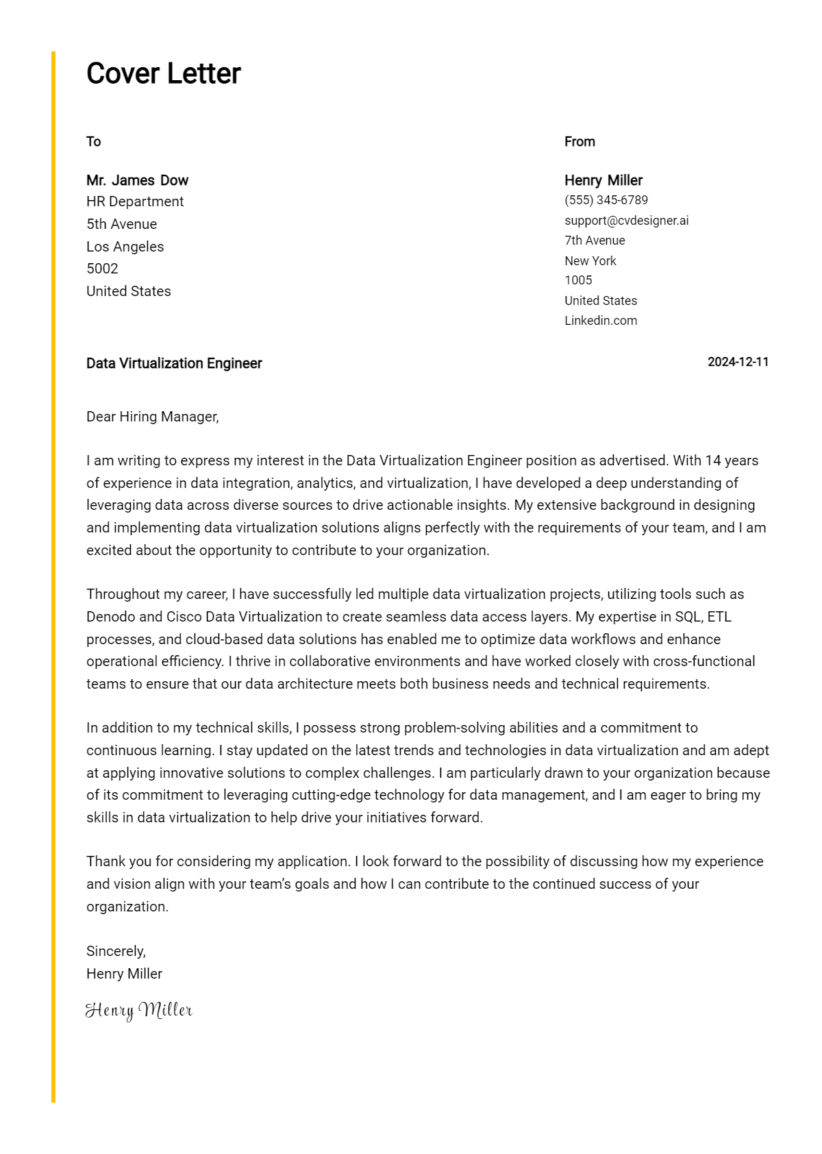 data virtualization engineer cover letter example