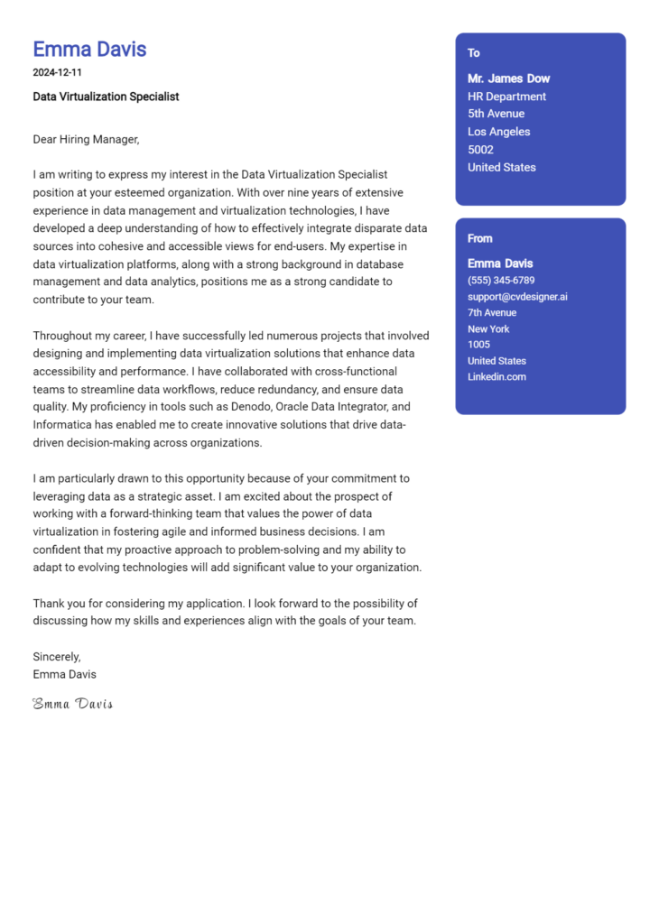 data virtualization specialist cover letter example