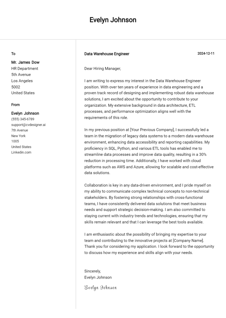 data warehouse engineer cover letter example