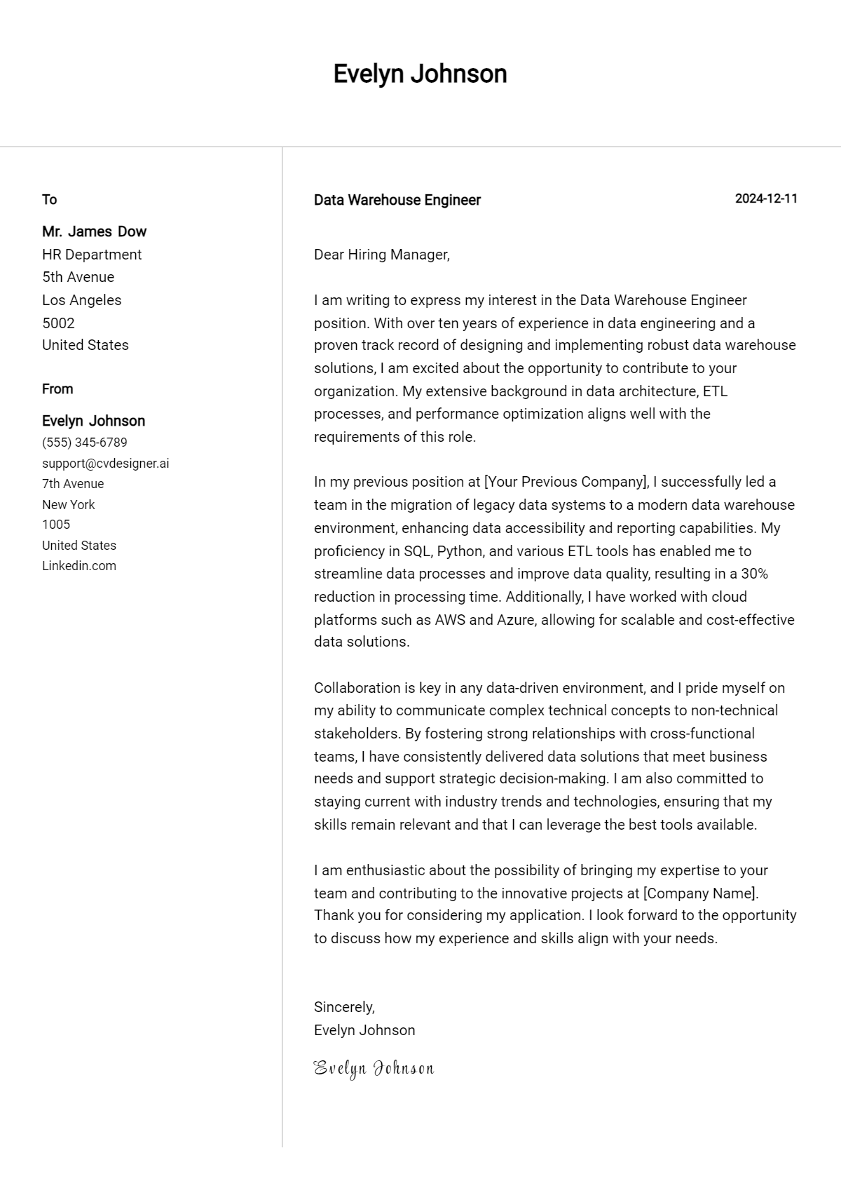 data warehouse engineer cover letter example