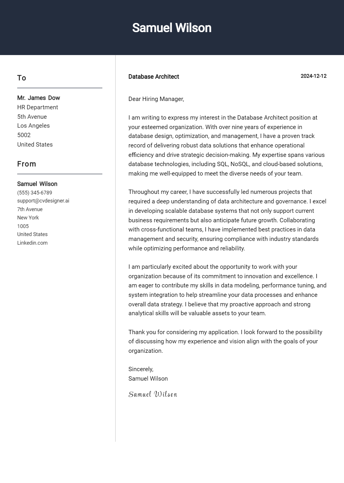 database architect cover letter example