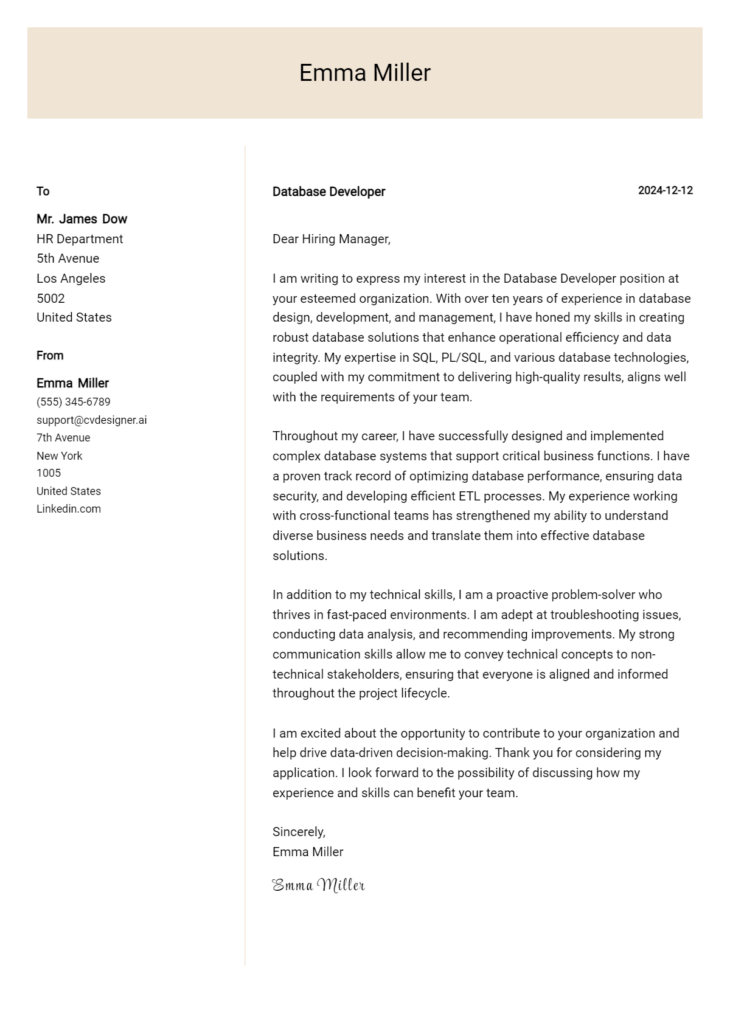 database developer cover letter example