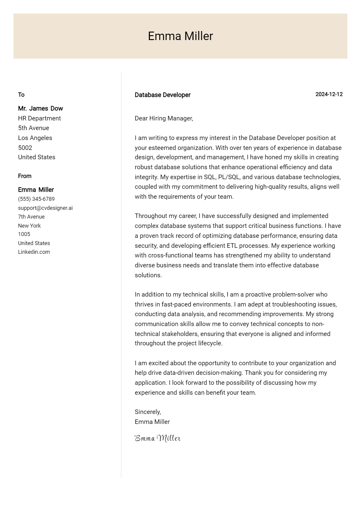 database developer cover letter example