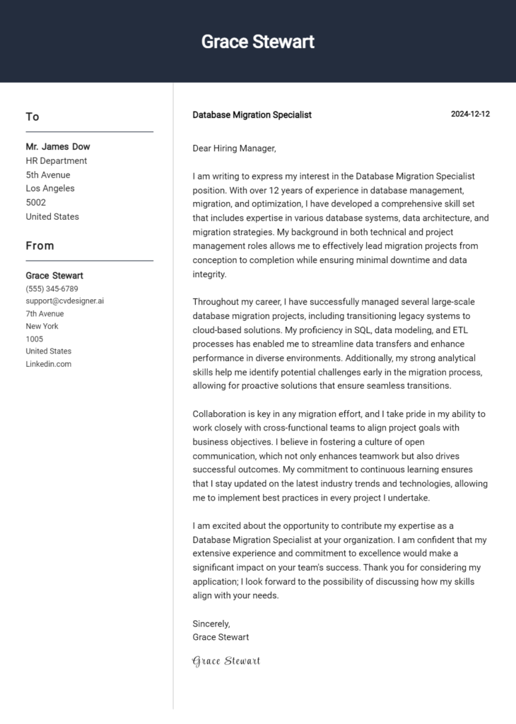 database migration specialist cover letter example