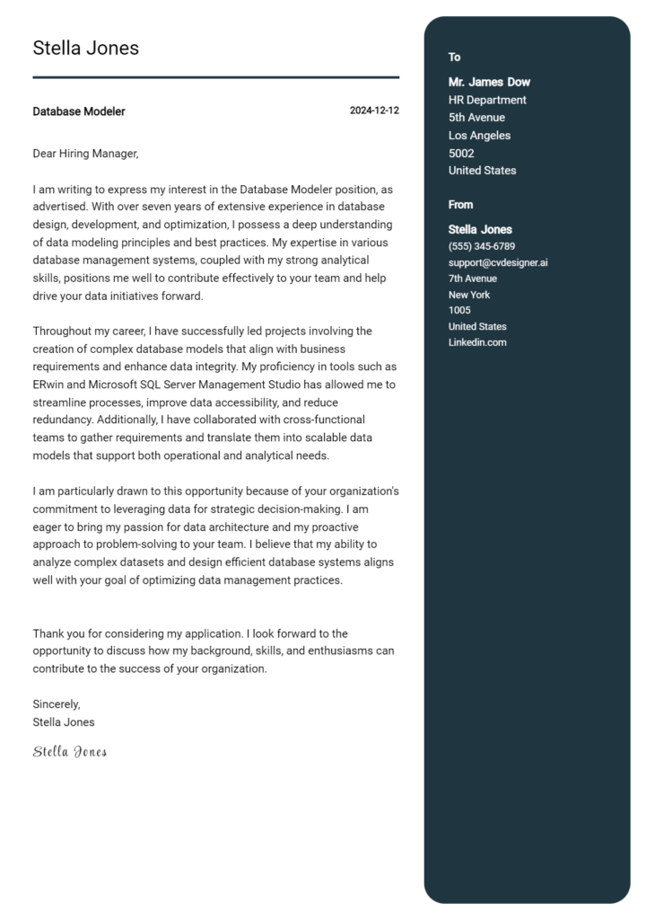 database modeler cover letter example