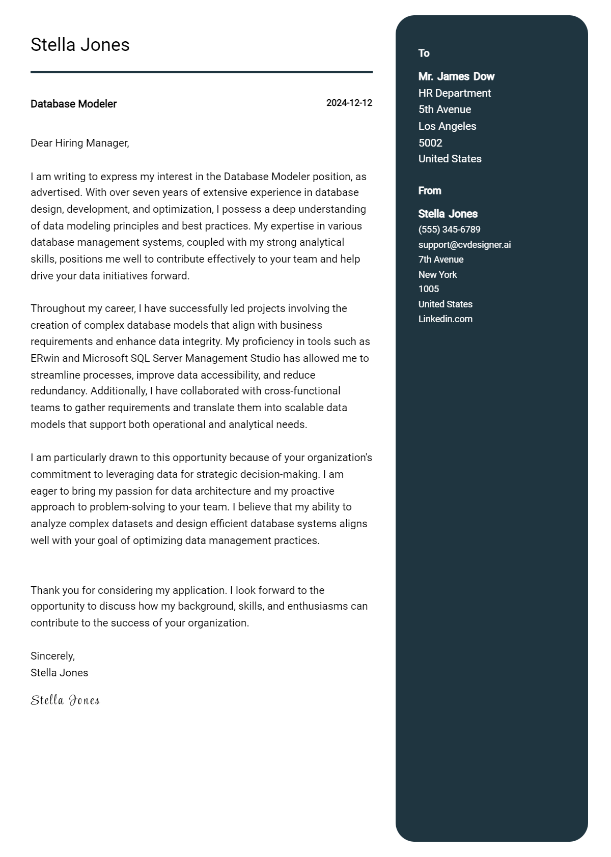 database modeler cover letter example