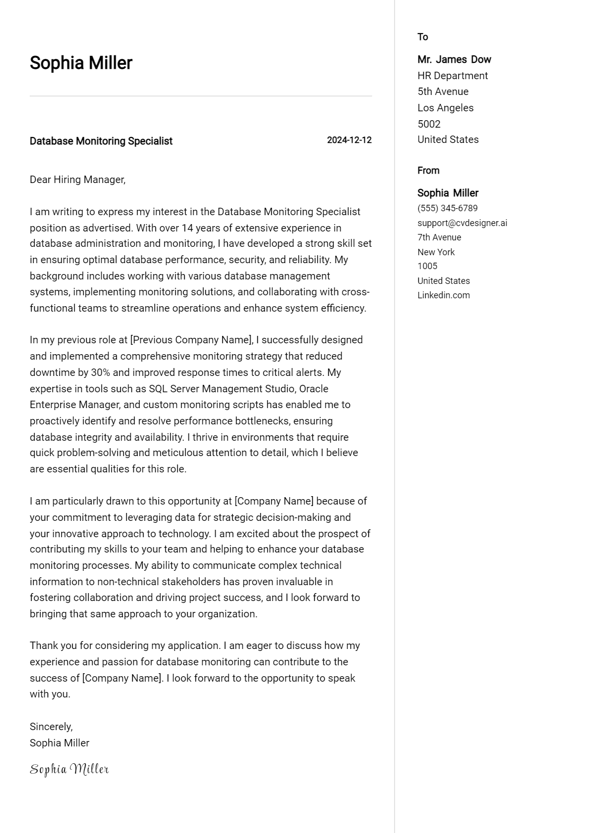 database monitoring specialist cover letter example