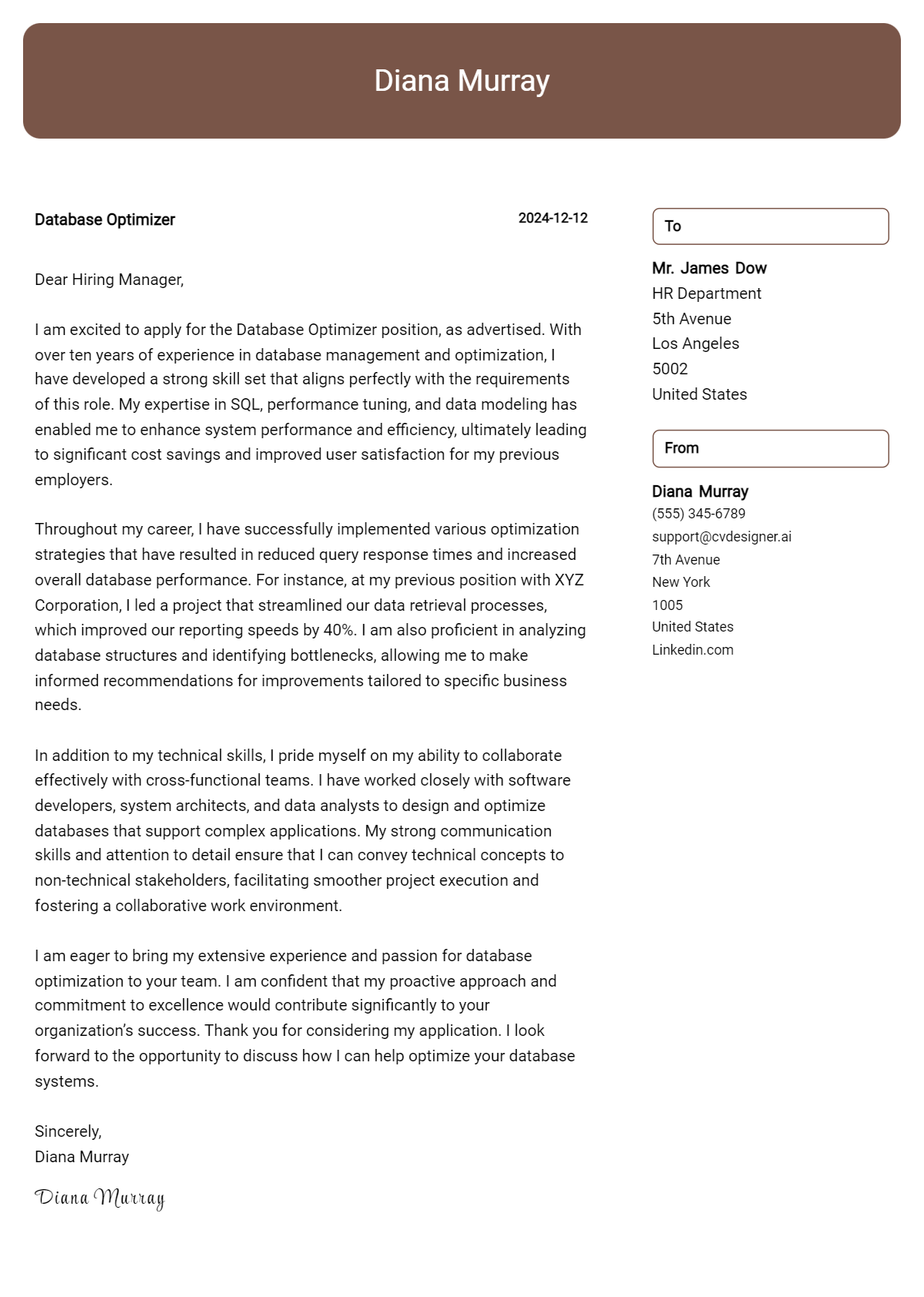 database optimizer cover letter example