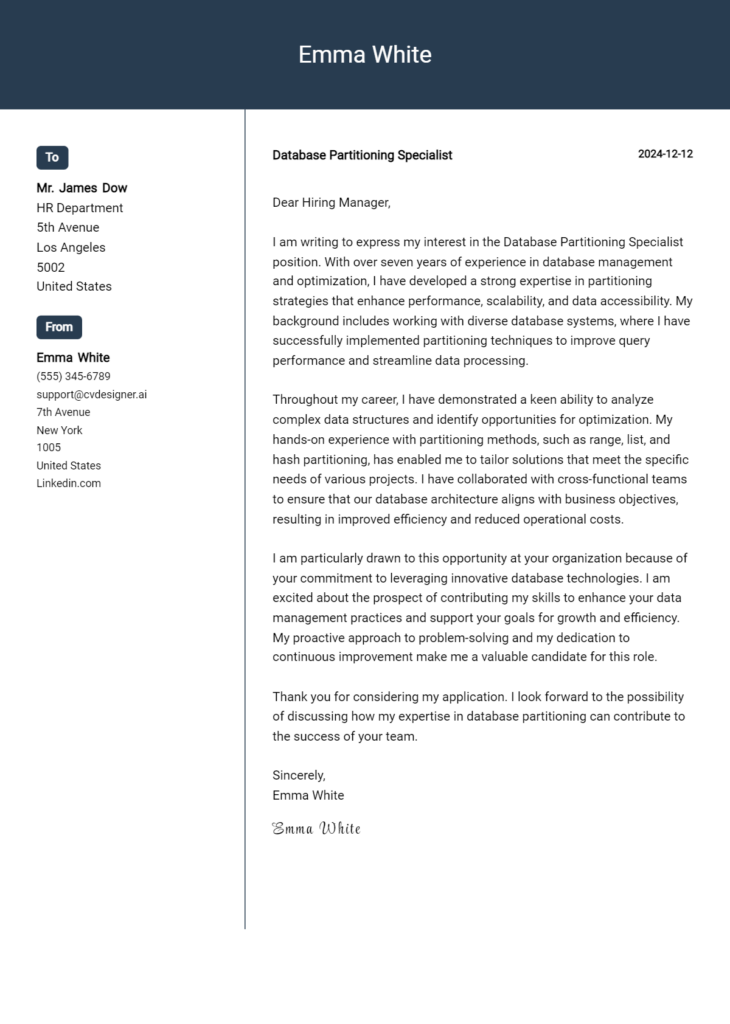 database partitioning specialist cover letter example