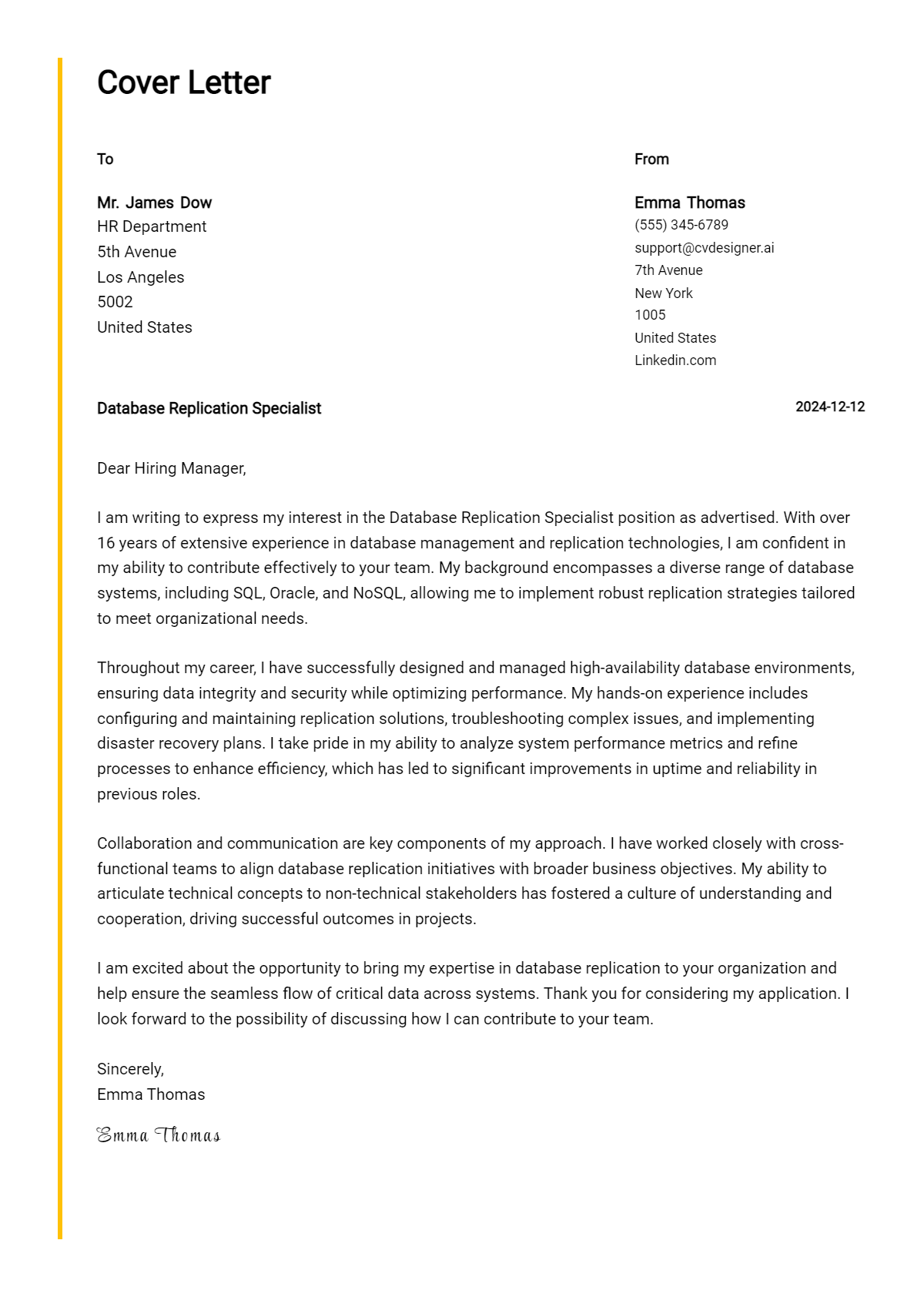 database replication specialist cover letter example