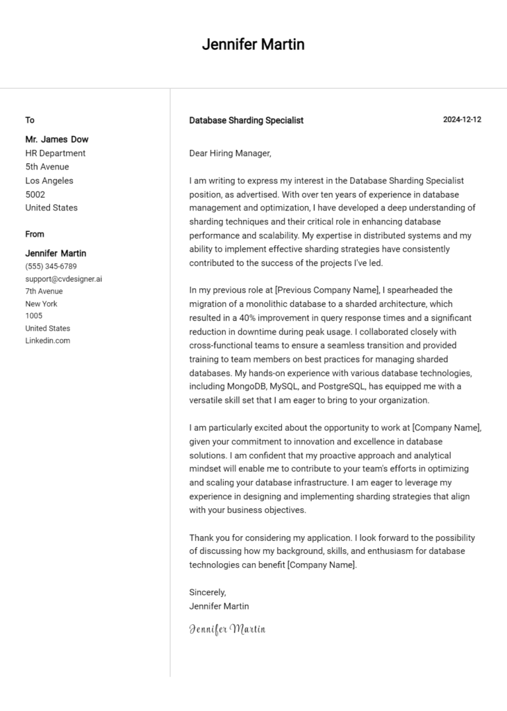database sharding specialist cover letter example
