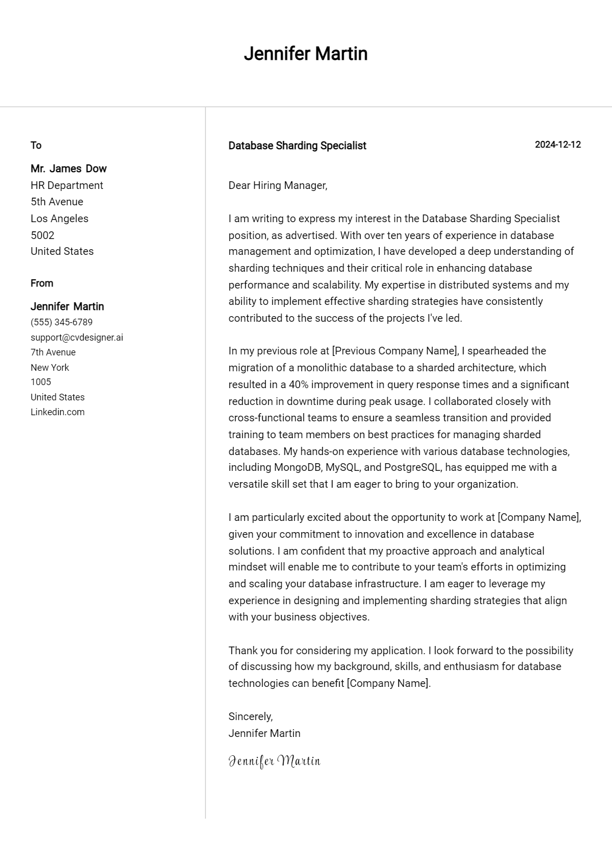 database sharding specialist cover letter example