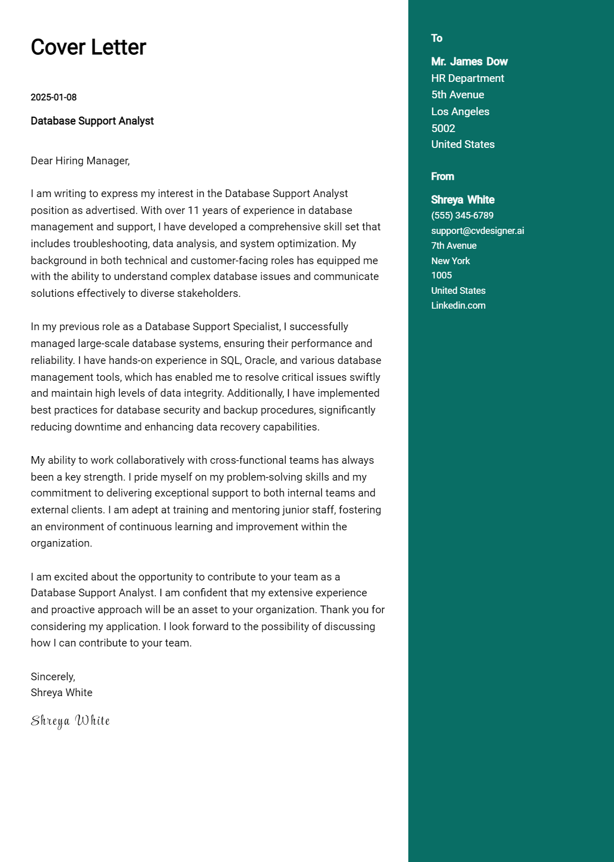 database support analyst cover letter example