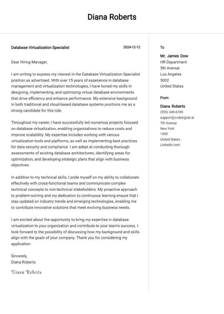 database virtualization specialist cover letter example