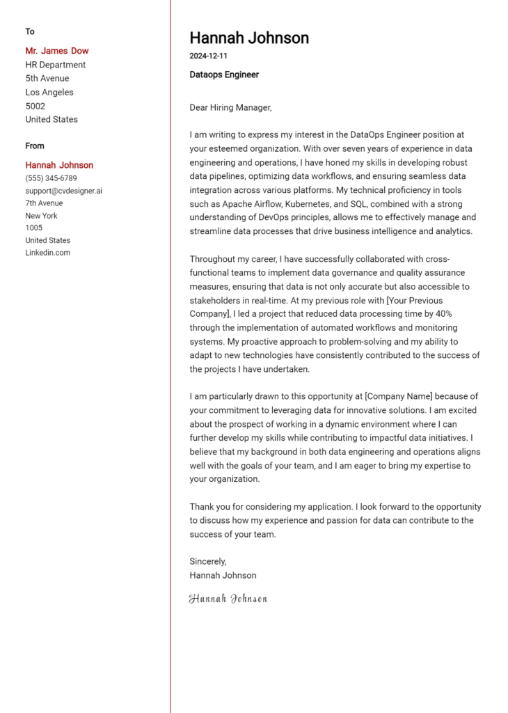 dataops engineer cover letter example
