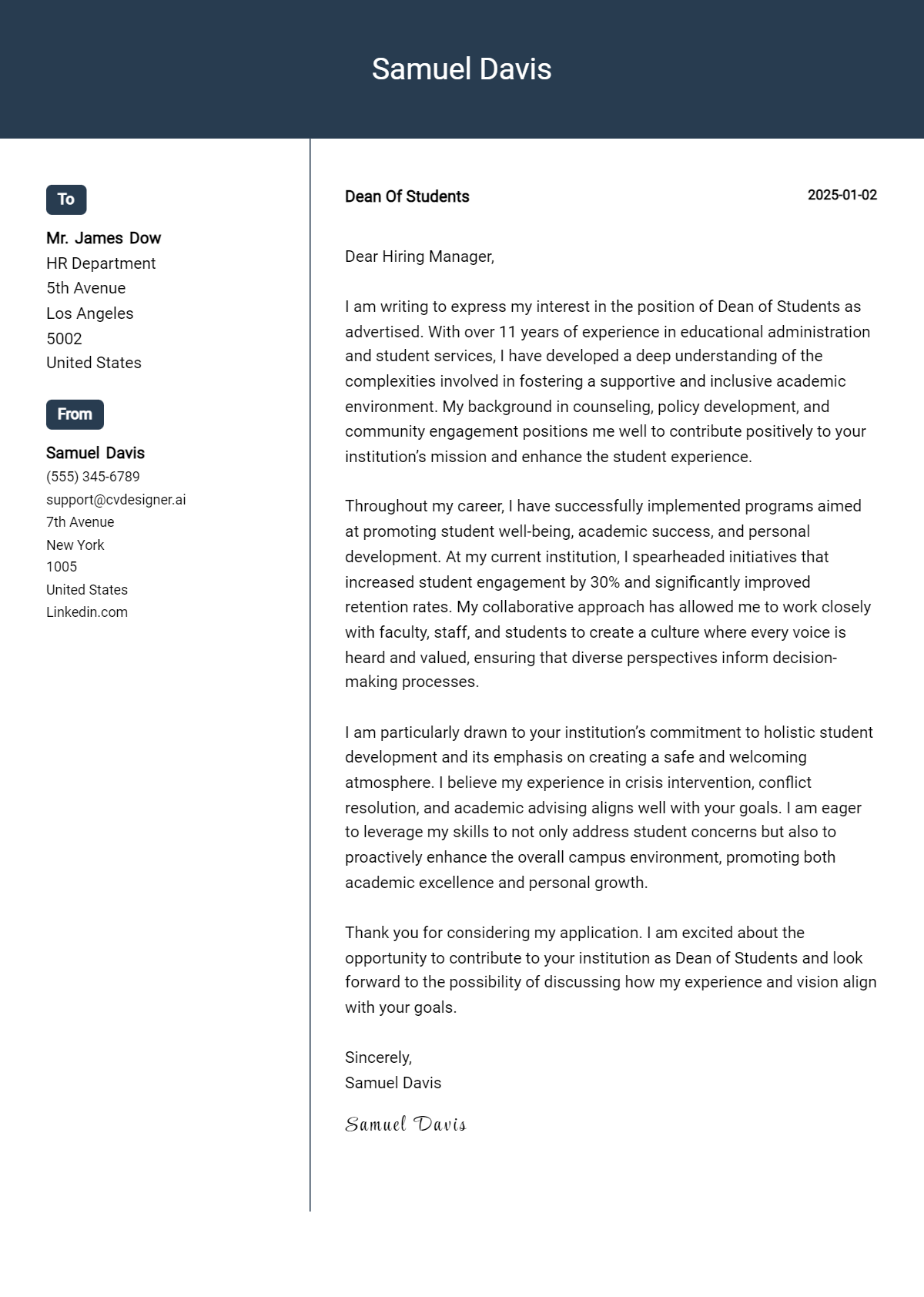 dean of students cover letter example