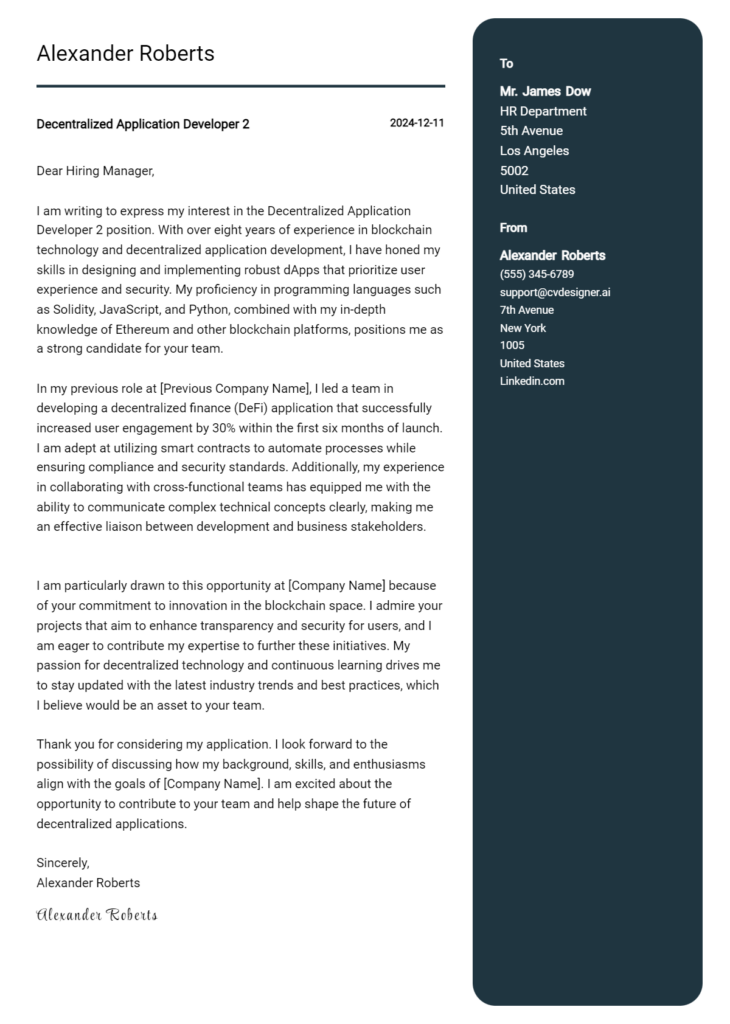 decentralized application developer 2 cover letter example