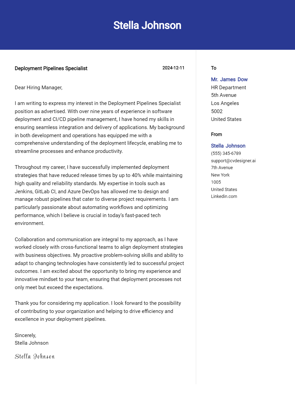 deployment pipelines specialist cover letter example