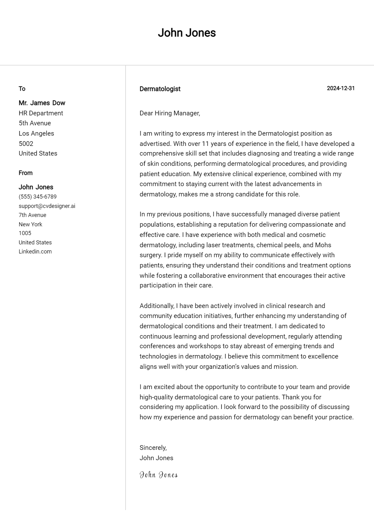 dermatologist cover letter example