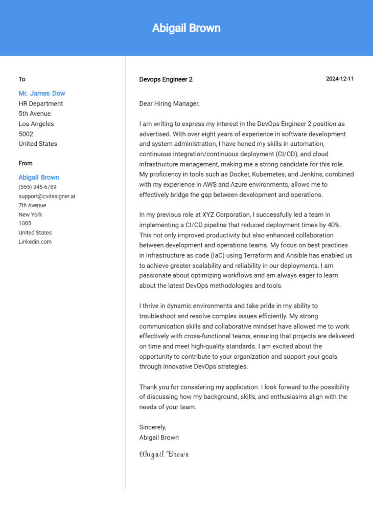 devops engineer 2 cover letter example