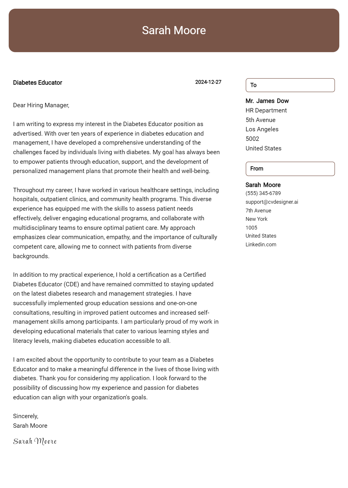 diabetes educator cover letter example