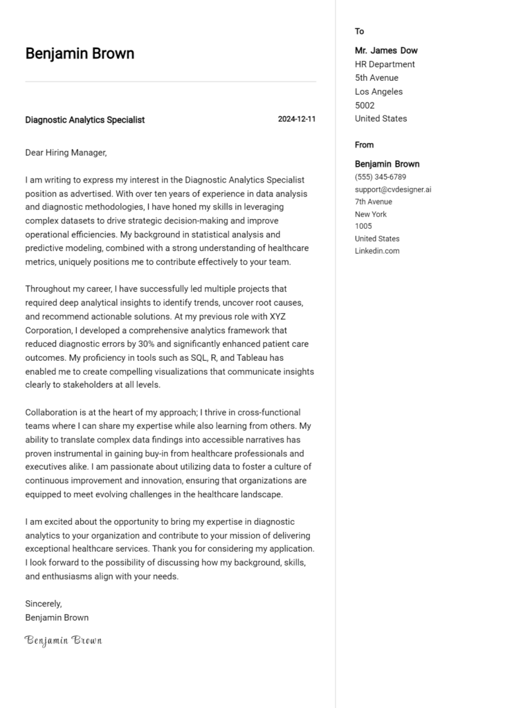 diagnostic analytics specialist cover letter example