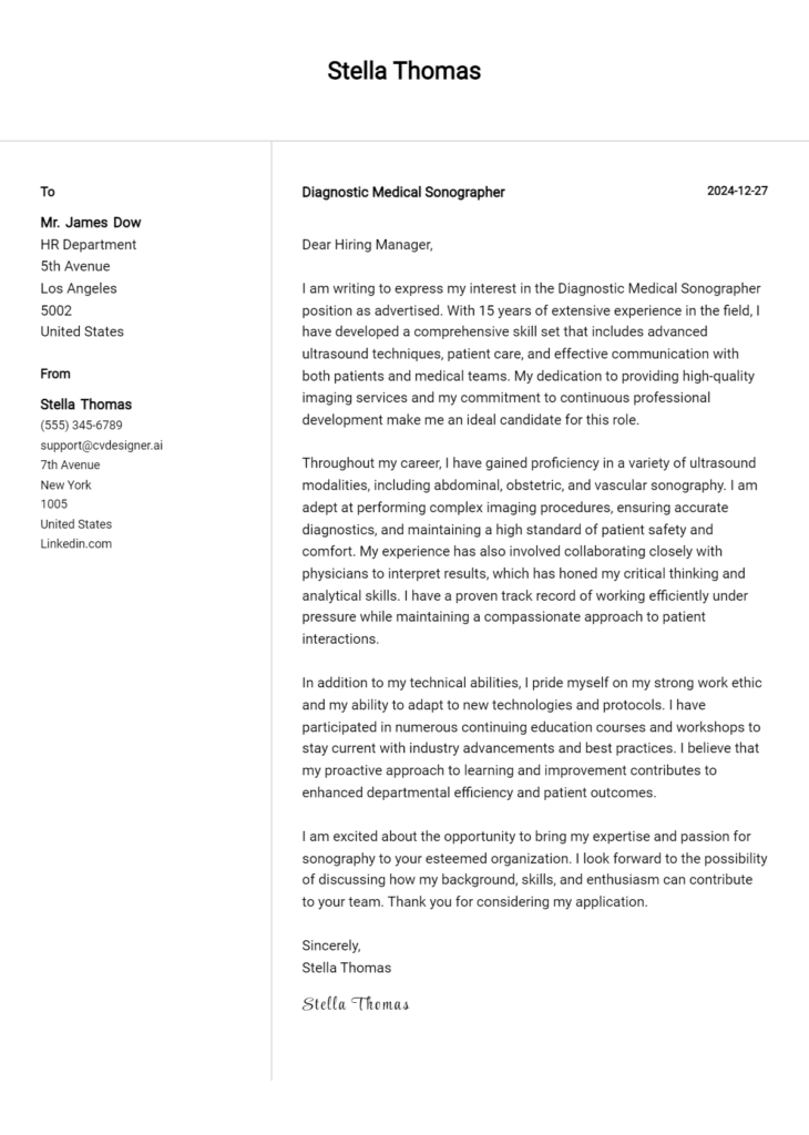 diagnostic medical sonographer cover letter example