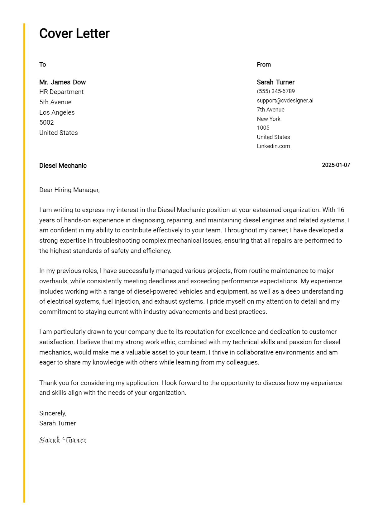 diesel mechanic cover letter example