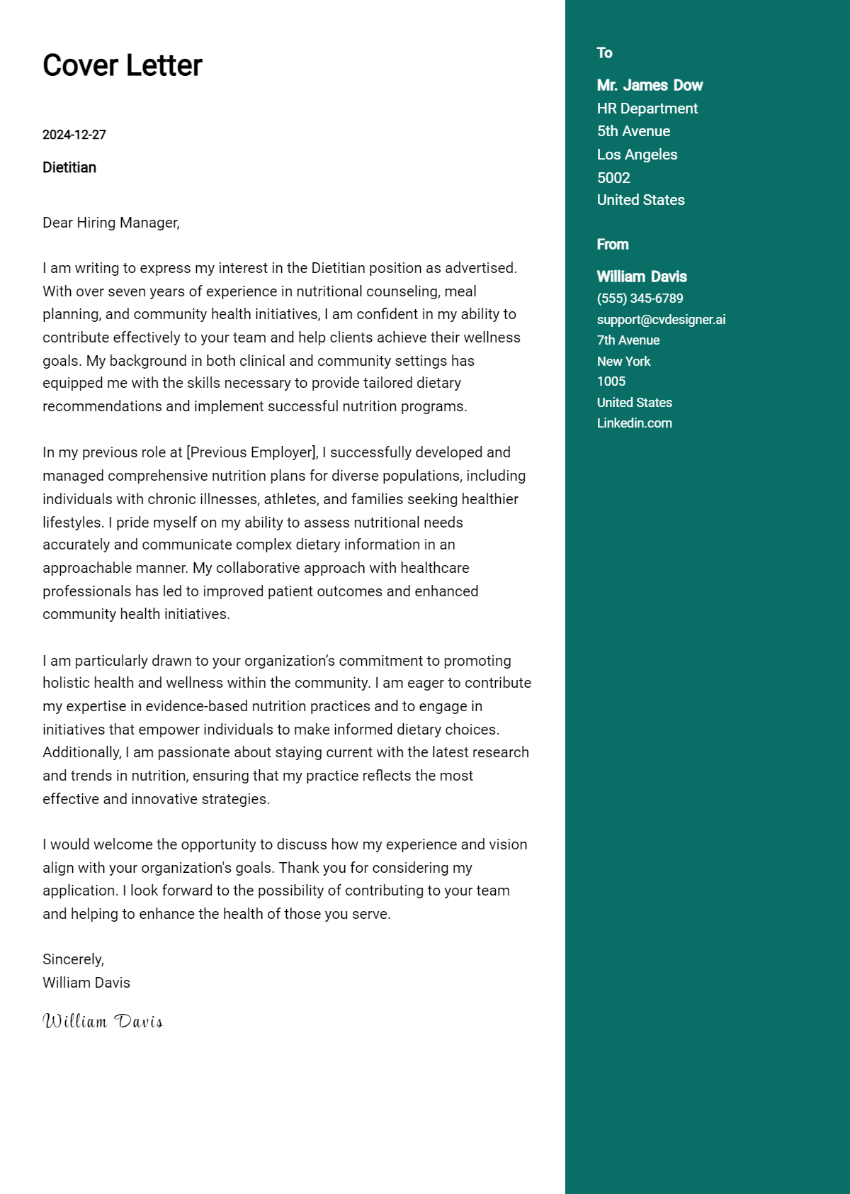 dietitian cover letter example