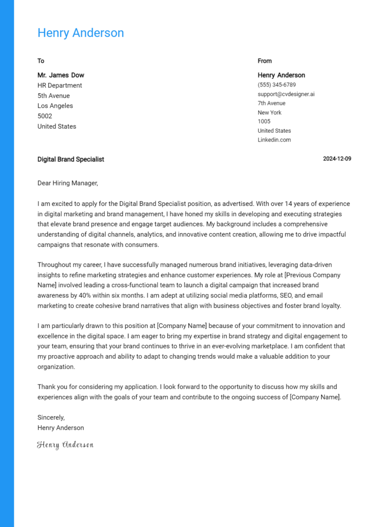 digital brand specialist cover letter example