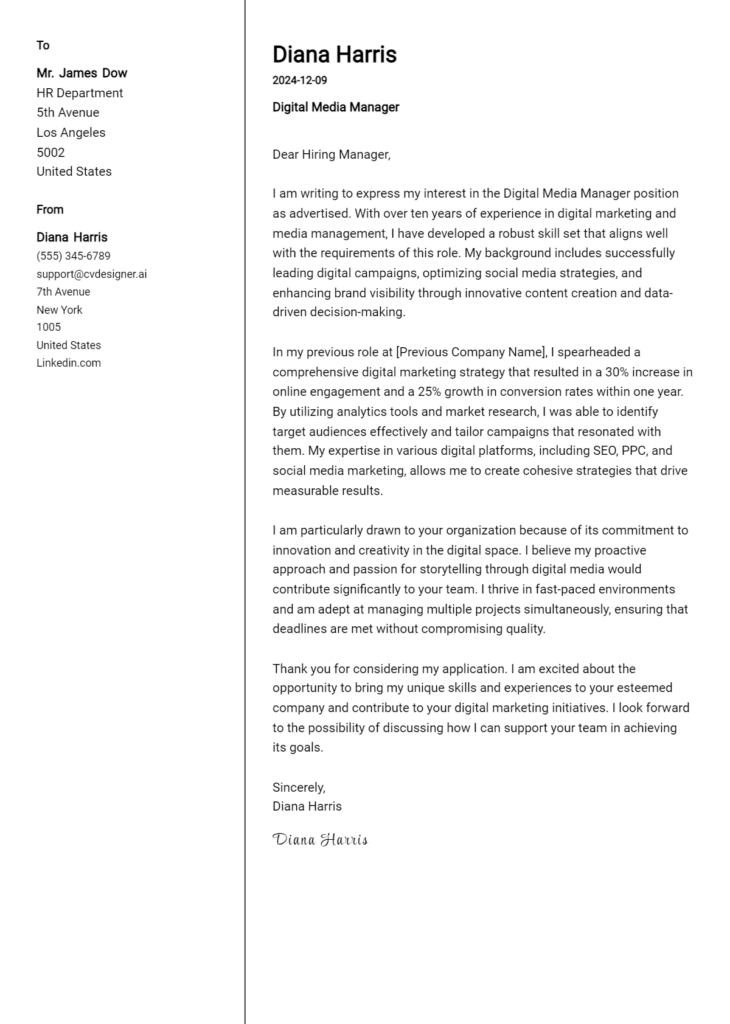 digital media manager cover letter example