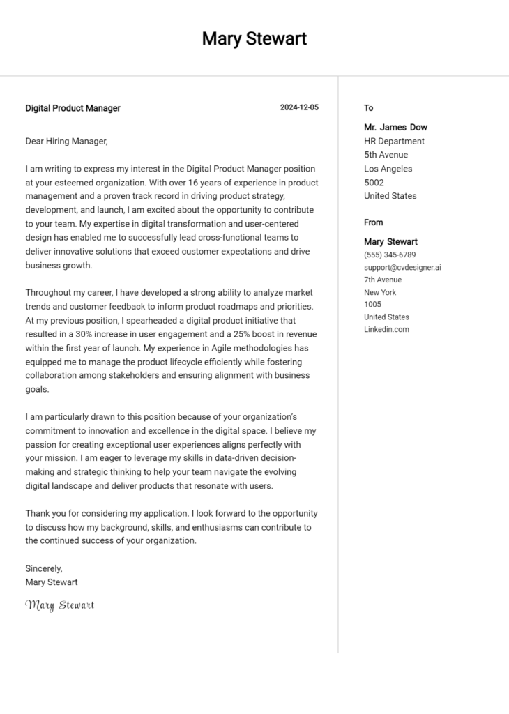 digital product manager cover letter example