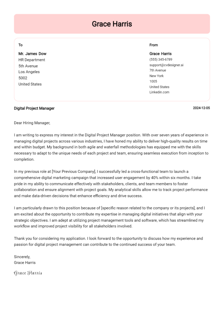 digital project manager cover letter example