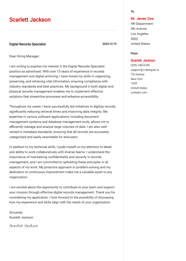 digital records specialist cover letter example