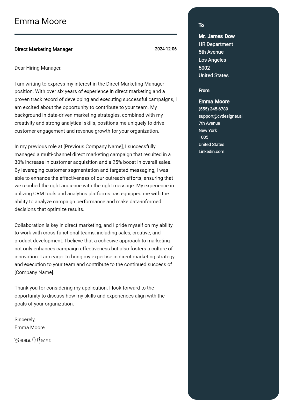 direct marketing manager cover letter example