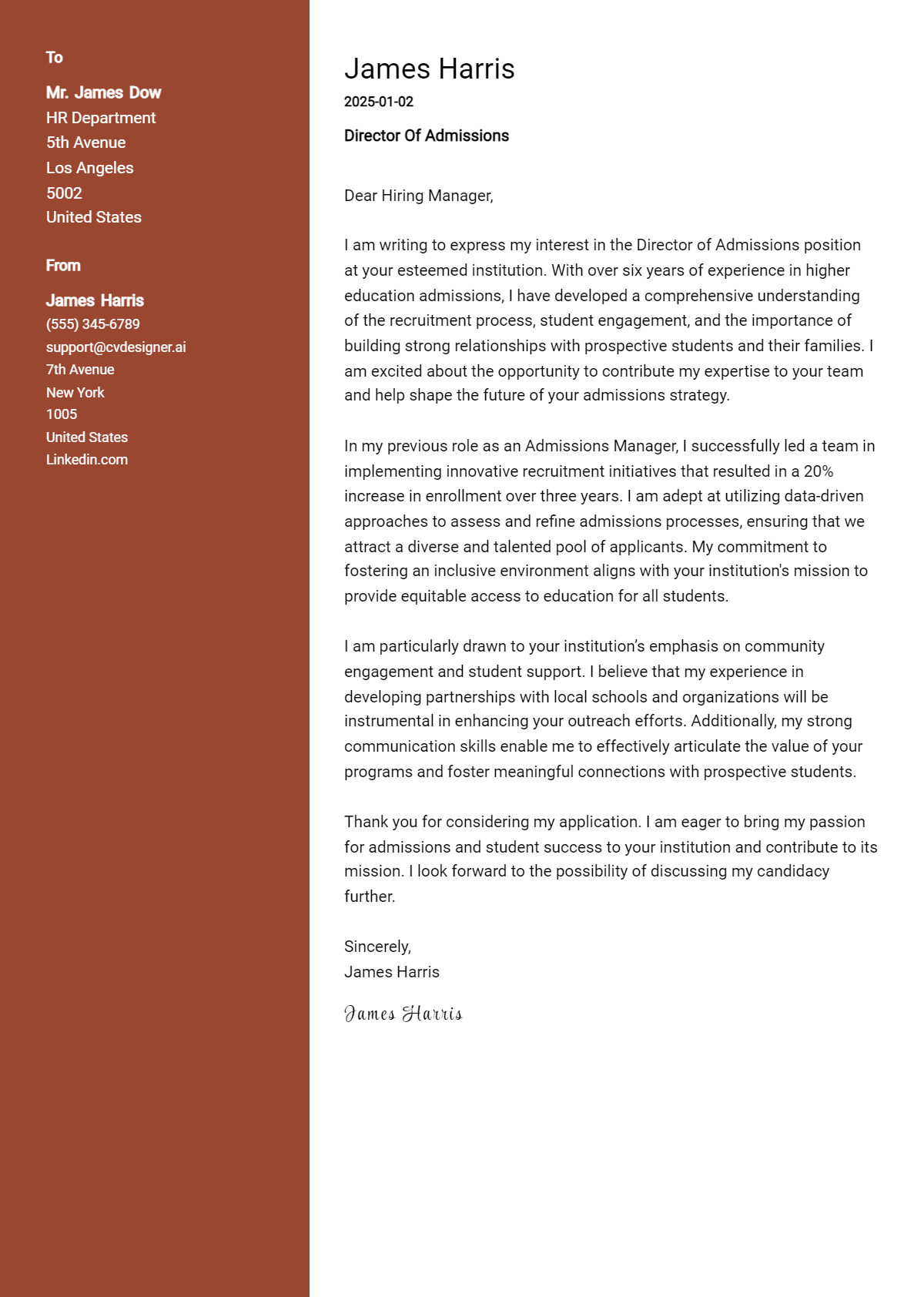 director of admissions cover letter example