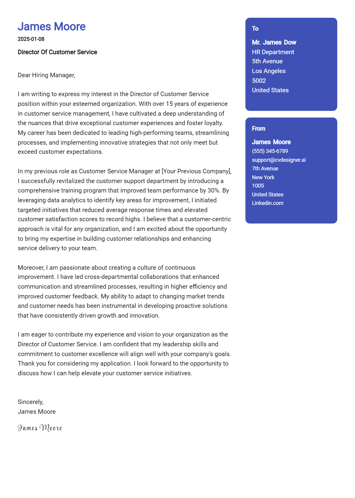 director of customer service cover letter example