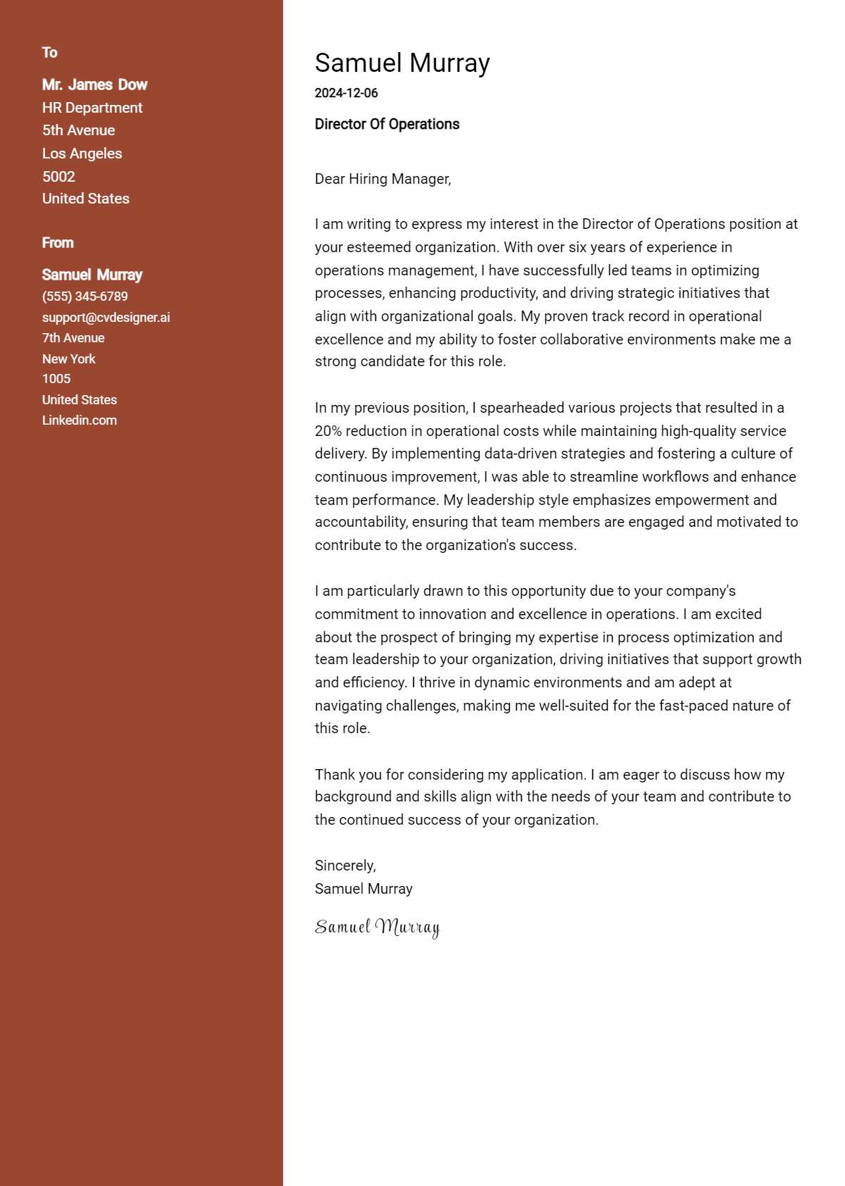 director of operations cover letter example