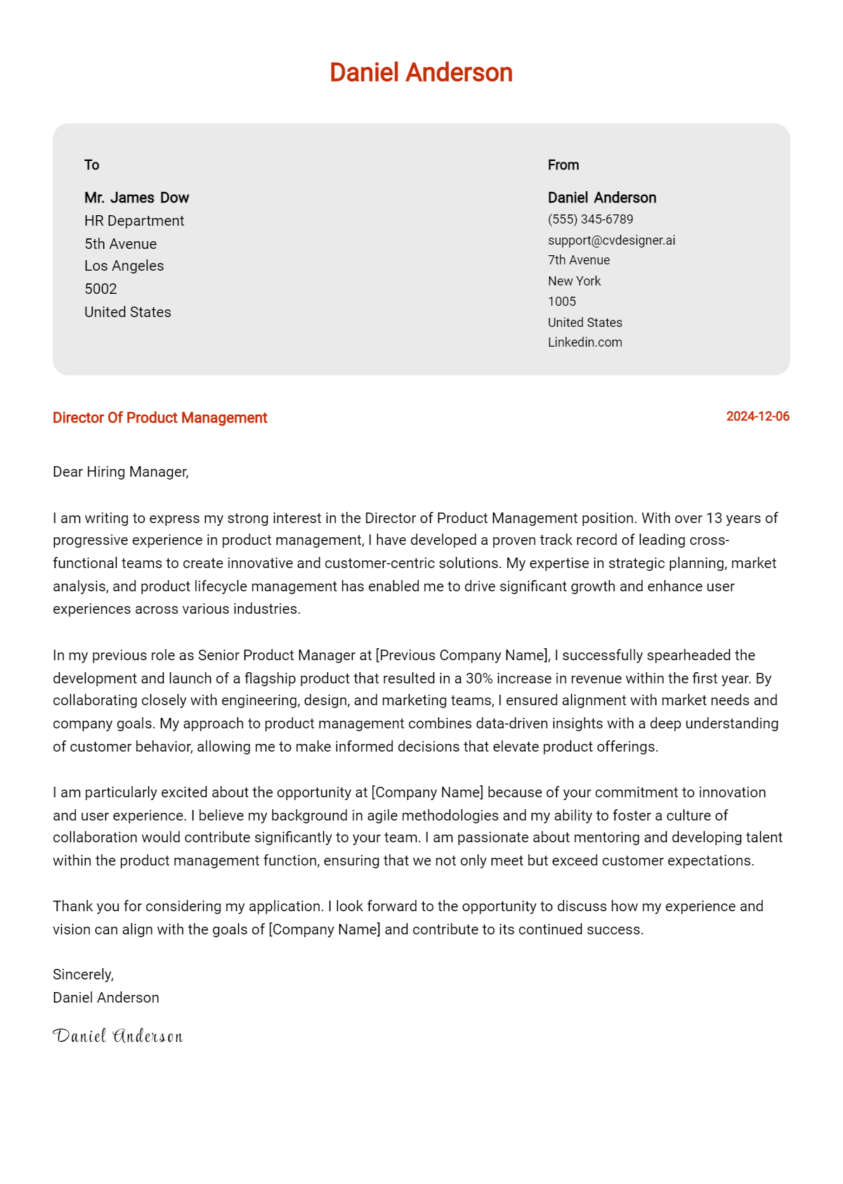 director of product management cover letter example